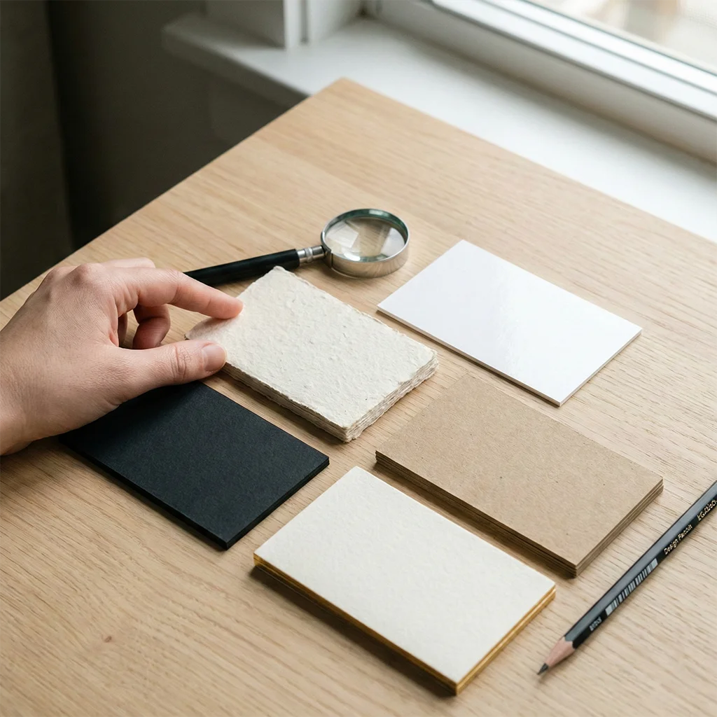 Comparaison de textures et grammages de papiers pour cartes de visite : papier création, kraft et mat