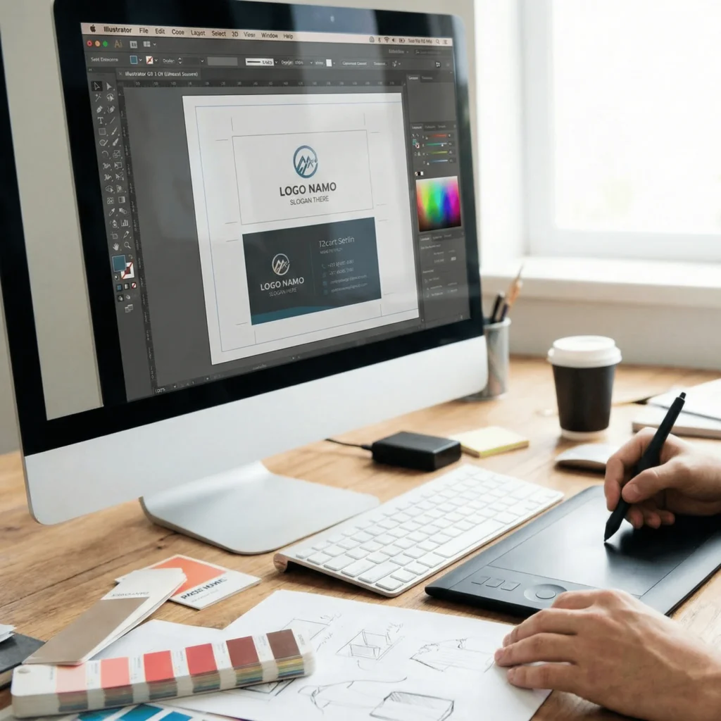 Graphiste en train de créer une carte de visite sur mesure sur ordinateur avec tablette graphique