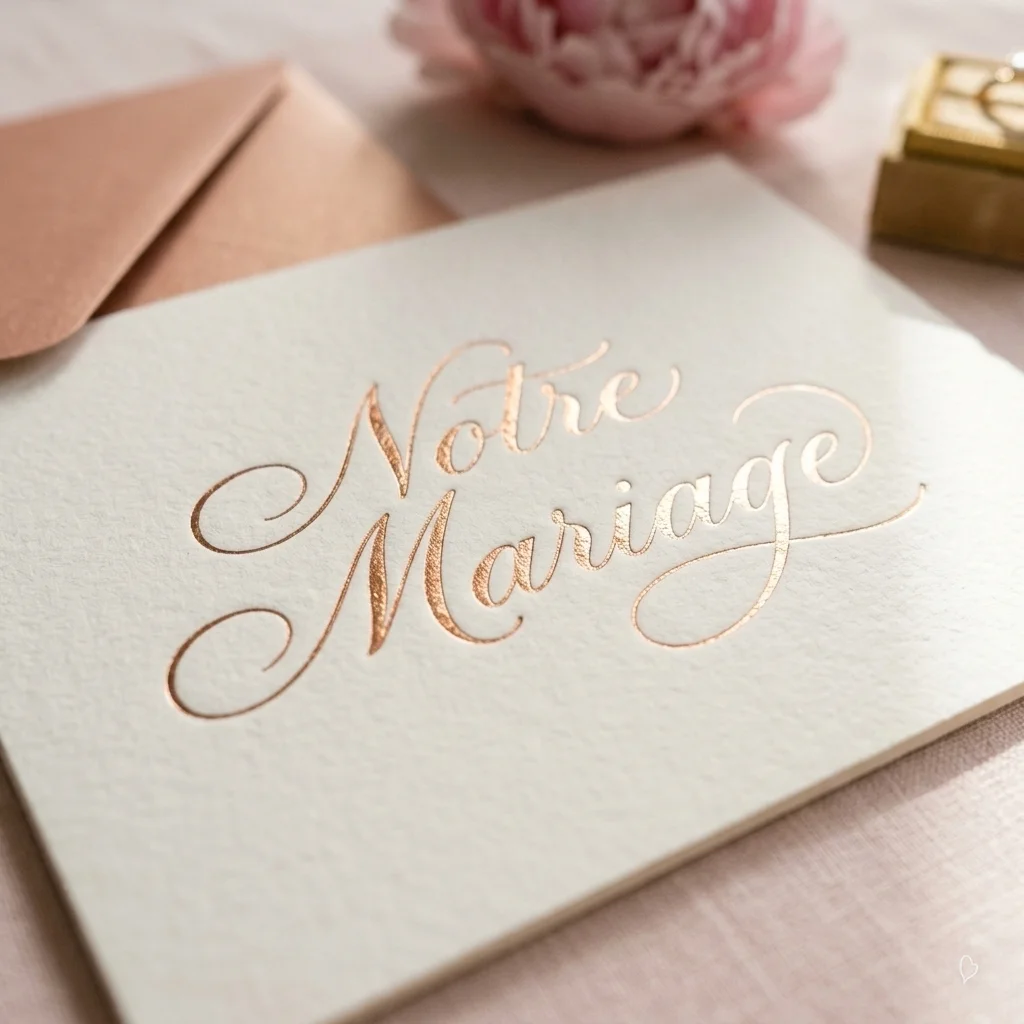 Détail de finition dorure à chaud or rose sur la calligraphie d'un faire-part de mariage texturé