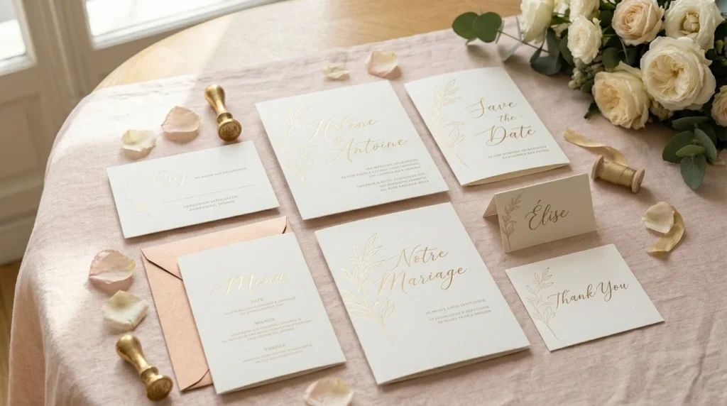 Suite complète de papeterie de mariage sur mesure : faire-part, save the date, menu, RSVP et remerciements avec dorure à chaud or