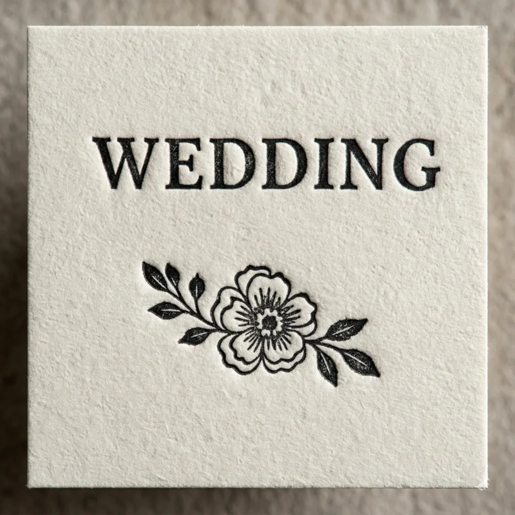 Détail d'impression letterpress avec débossage sur papier création épais texturé pour faire-part de mariage